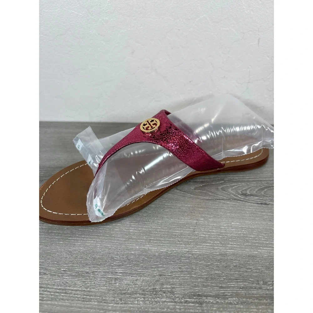 Tory Burch Cameron Metallic Pink Crackle Leather Thong Logo Sandals Womens 9.5M